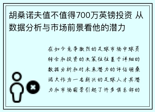 胡桑诺夫值不值得700万英镑投资 从数据分析与市场前景看他的潜力